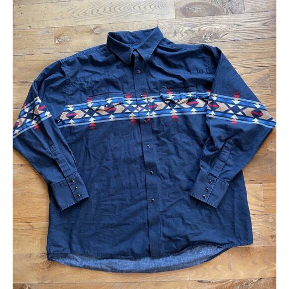 VTG Wrangler Western Shirt Men 2XL Blue Aztec Pearl Snap Rodeo Cowboy Southwest - Picture 1 of 10